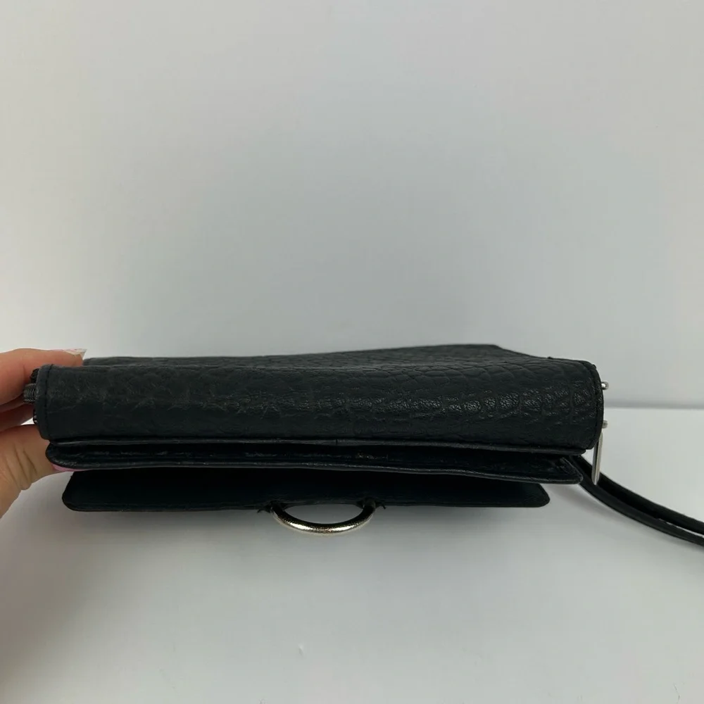 Genuine Black Textured Leather BUENO Clutch with Wrist Strap